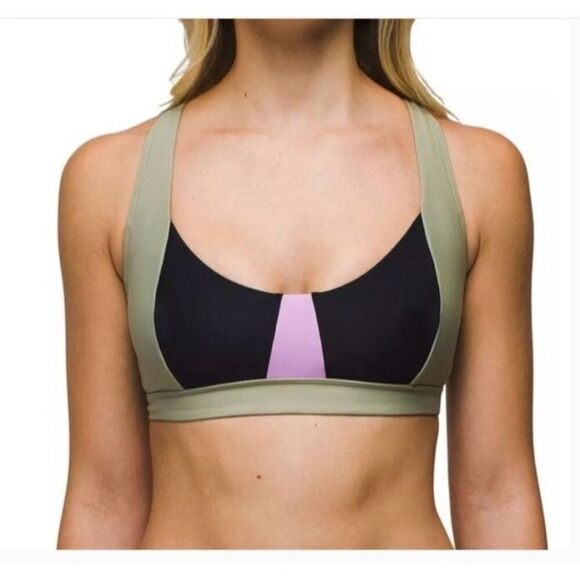 Prana Tulum Bikini Top Black Color‎ Block Purple Green Lace back sz XS NWT - Picture 1 of 9